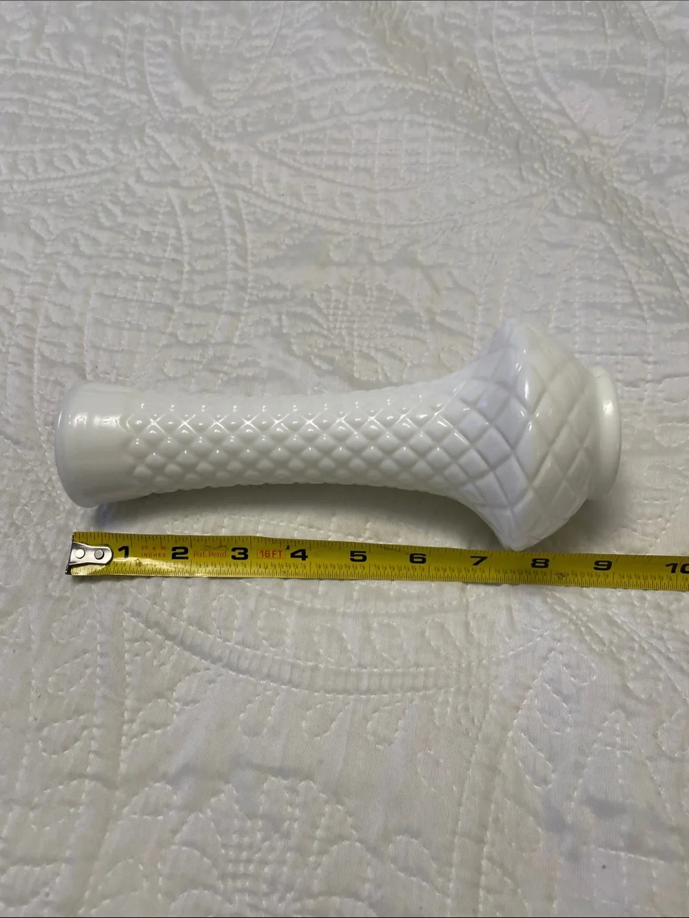 Vintage White Milk Glass Bud or Flower Vase Classic Diamond Quilted Pattern 9”H